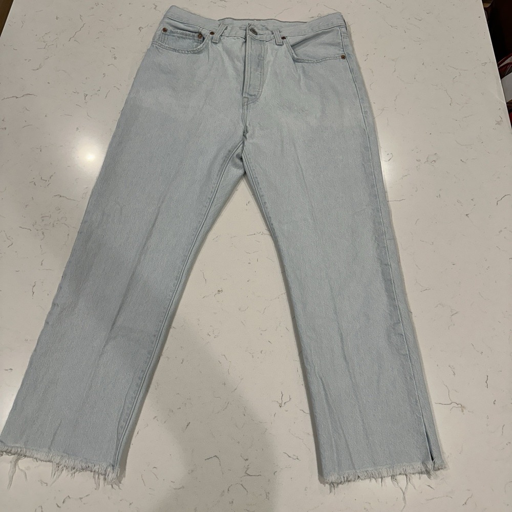 Levis 501 Premium Womens Light Wash Blue Denim Straight Jeans Raw Hem 30x26